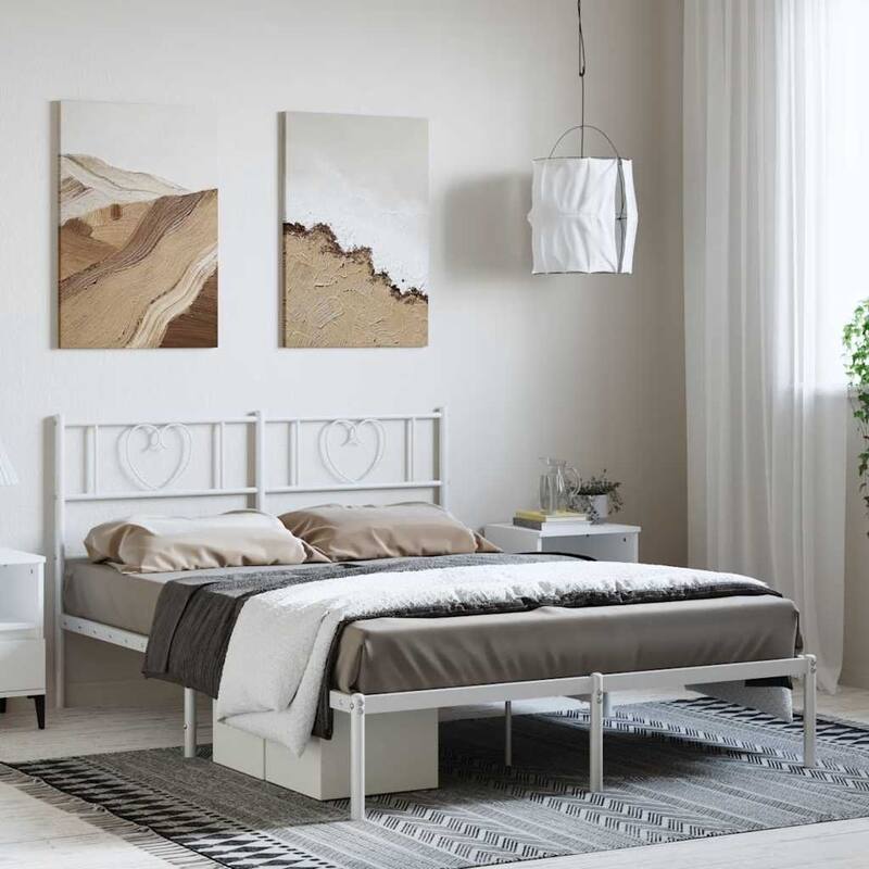 vidaXL Queen Metal Bed Frame with Headboard, White, No Mattress - 81.5" x 61.4" x 35.4"