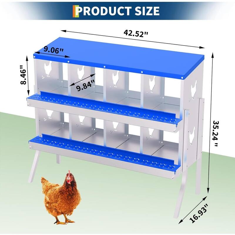 8 Compartment Metal Chicken Nesting Box, Laying Box for Hens Ducks Rabbits, Blue