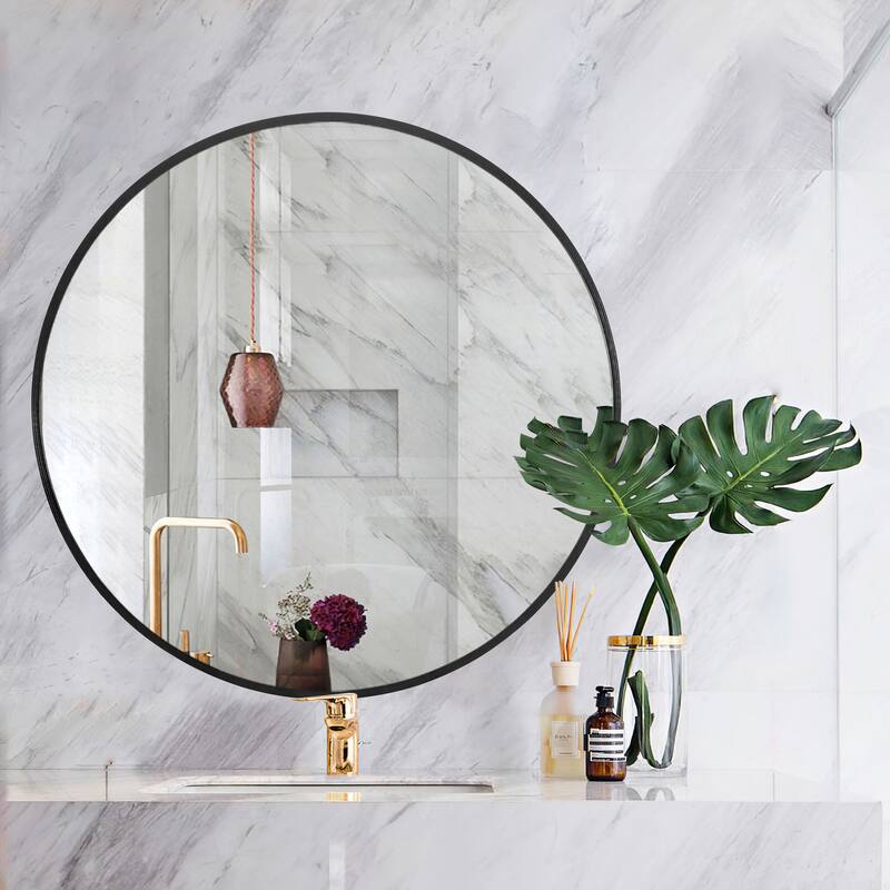 Wall Round Mirror 30'' Modern Brushed Metal Frame Wall-Mounted