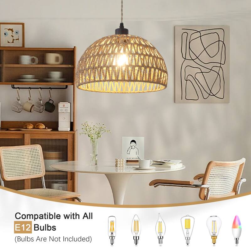 Plug in Handwoven Hemp Rope Lampshade Pendant Light with On/Off Switch
