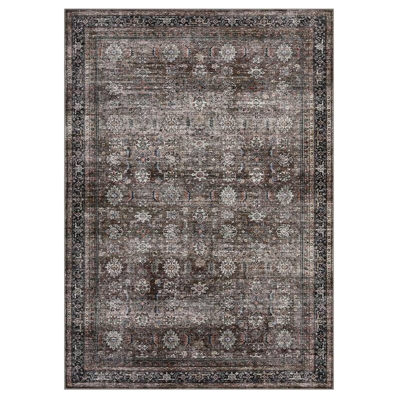 Area Rug Vintage Washable Floral Distressed Living Room Rugs, Soft Low Pile Non-Slip Rugs for Bedroom