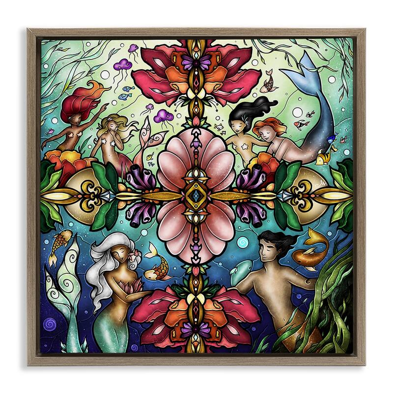 Stupell Detailed Stain Glass Style Mermaids Framed Floater Canvas Wall Art Design By Mandie Manzano - 25 x 25 - Brown