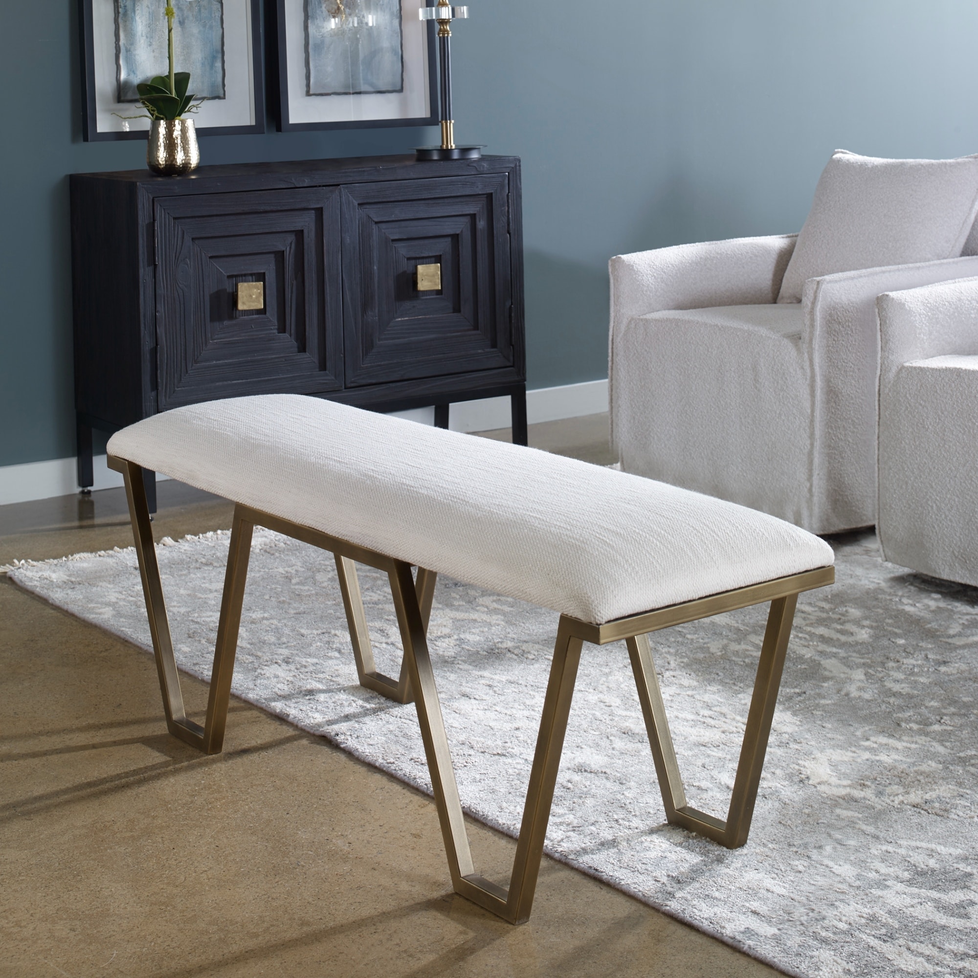 Upholstered Cushion Bench with Iron Legs - 53.75" - Antique Gold Finish