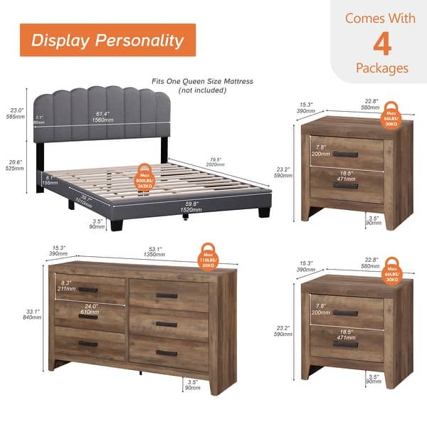 WAMPAT 4-Piece Bedroom Set, Queen Bed Frame, 2 Nightstands & 6-Drawer Dresser