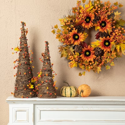Glitzhome 24"H Fall Maple Leaf Pumpkin Urn Table Tree Thanksgiving