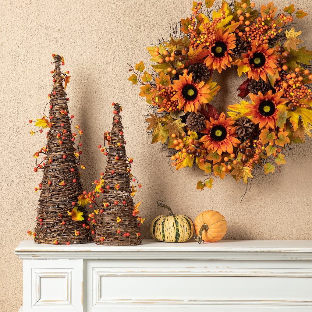 Glitzhome 24"H Set of 2 Fall Rattan Berries and Maple Leaves Table Tree
