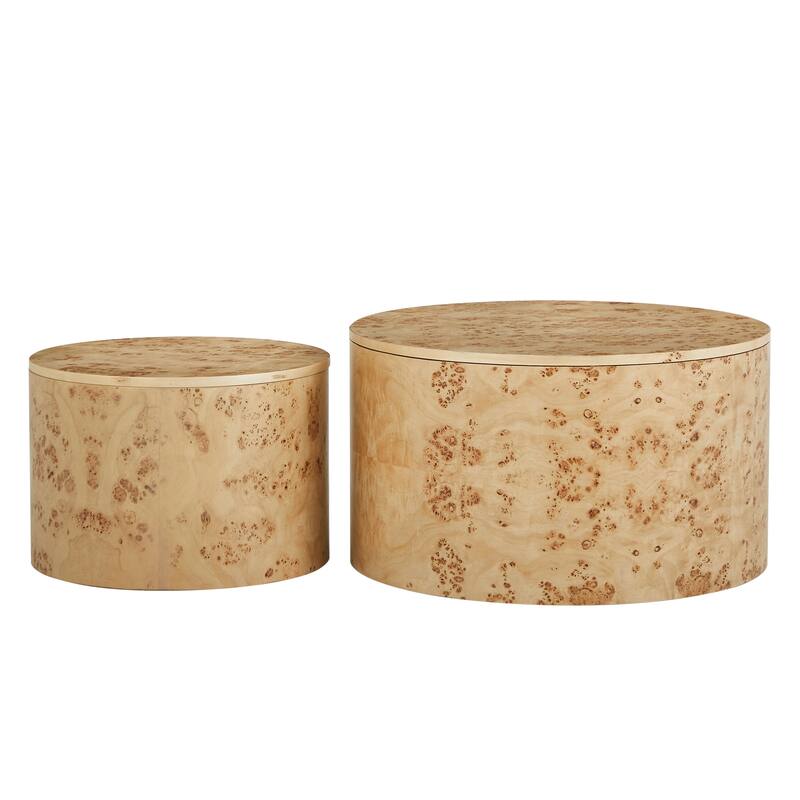 Nested Round Coffee Table Set with Burl Wood, 2-Piece Living Room Sofa Table Accent Table with Hidden Storage