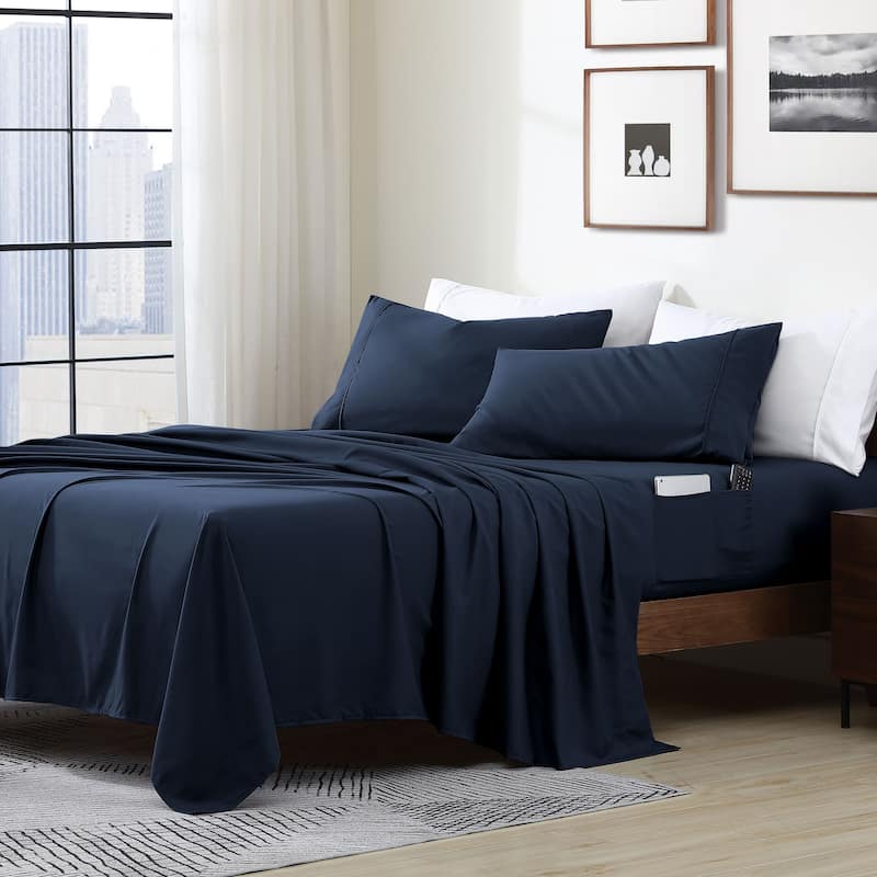 Home Essential Soft Microfiber Smart Sheet Storage Pocket Bedding Sheet Set - Full - Navy