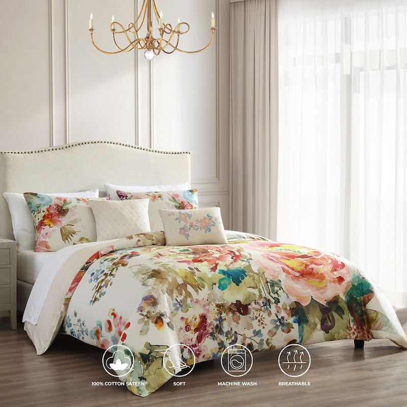 Bebejan Antique Flowers Ivory 100% Cotton 5-Piece Reversible Comforter Set