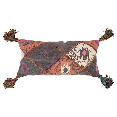 Indigo Gray Tribal Corner Tasseled Lumbar Pillow