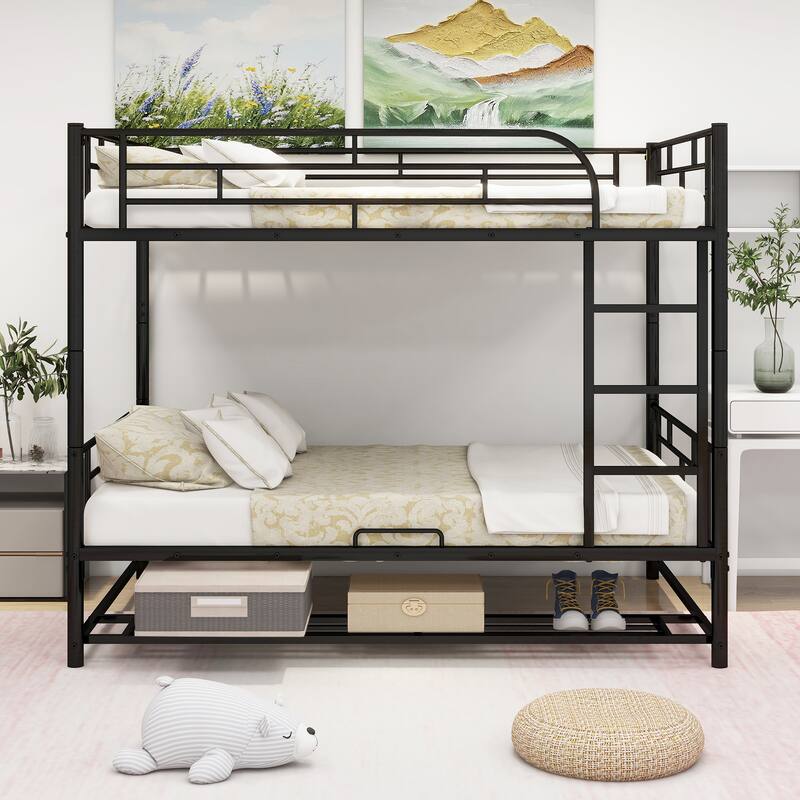 Full Over Full Metal Bunk Bed with Shelf and Guardrails