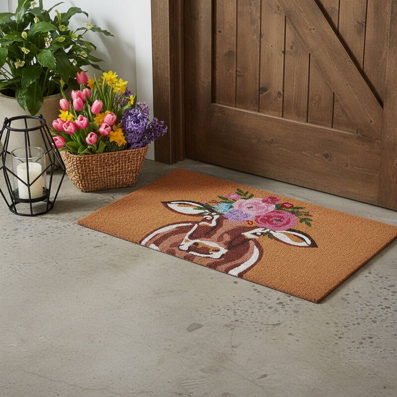 HomeRoots 17" X 29" Brown And Pink Floral Cow Outdoor Coir Door Mat - 17.00' X '29.00 - 17.00' X '29.00