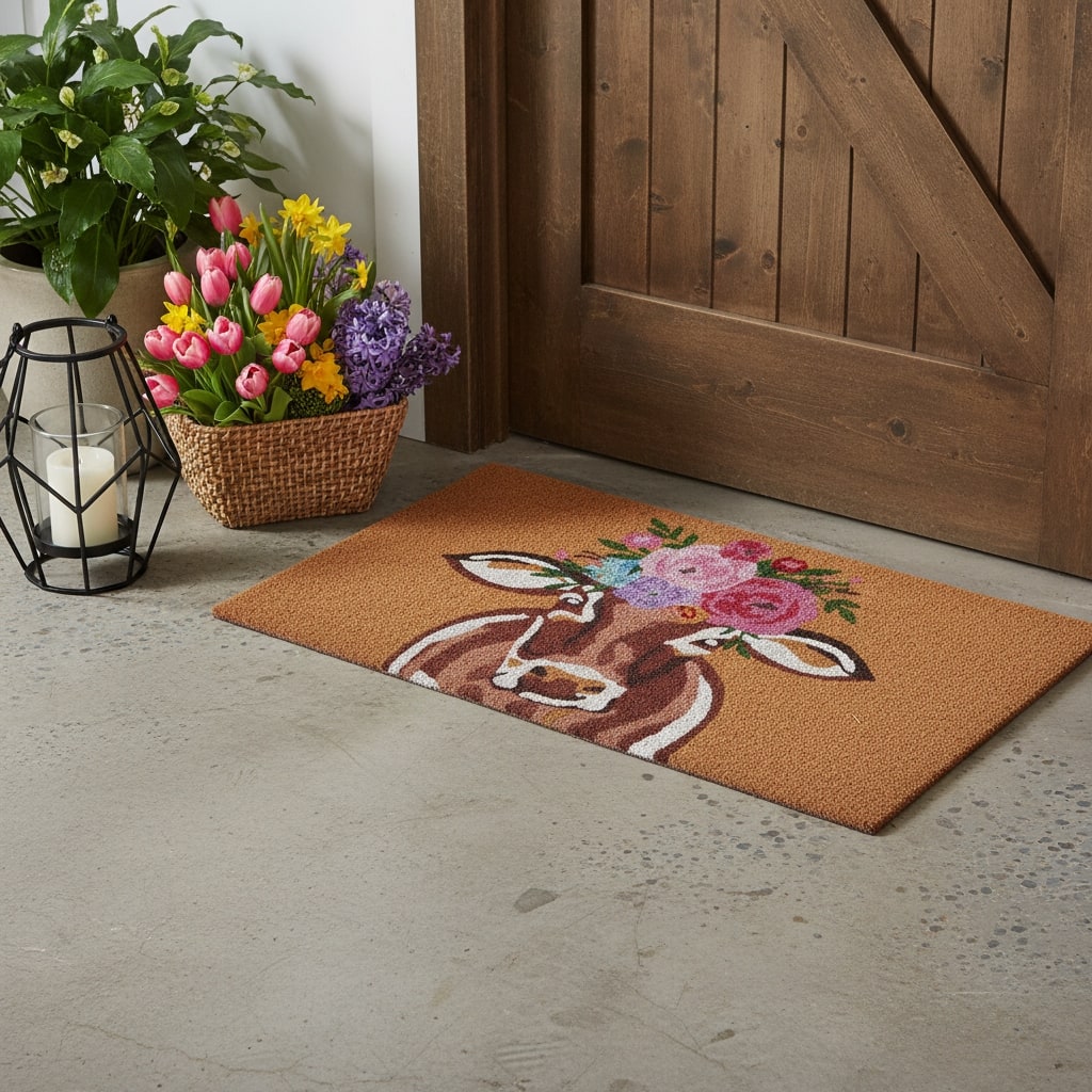 HomeRoots 17" X 29" Brown And Pink Floral Cow Outdoor Coir Door Mat - 17.00' X '29.00