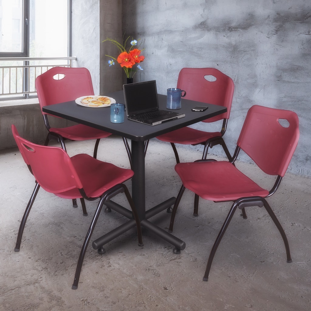 30" Square Breakroom Table- Grey & 4 'M' Stack Chairs- Burgundy - Burgundy, Grey - 30