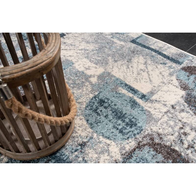 LaDole Rugs Abstract Rustic Modern Contemporary Runner Rug, Durable Carpet for Livingroom Hallway - Blue, Brown, and Ivory, 3x5