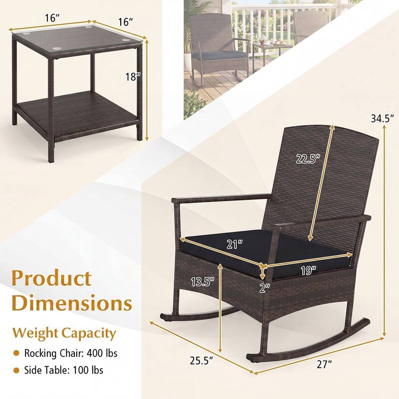 Gymax 3 Piece Patio Rocking Bistro Set 2 Rattan Armchairs w/ 2-Tier