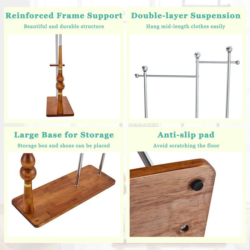 Industrial Coat Rack, Solid Wood and Stainless Steel Coat Stand with 2 Layer Storage, for Coats and Hats