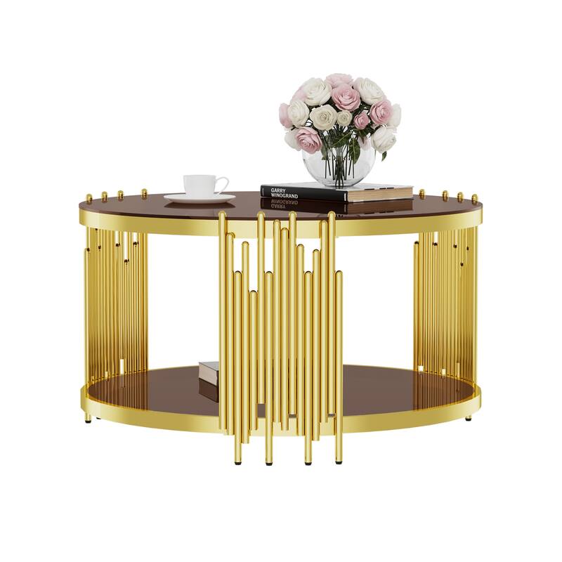 Modern Gold Round Coffee Table with Brown Glass Top & Stainless Steel Legs