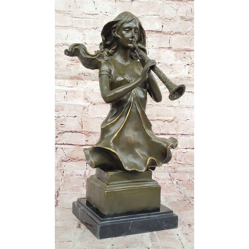 Graceful Woman Playing Flute – Bronze Art Nouveau-Style Statue