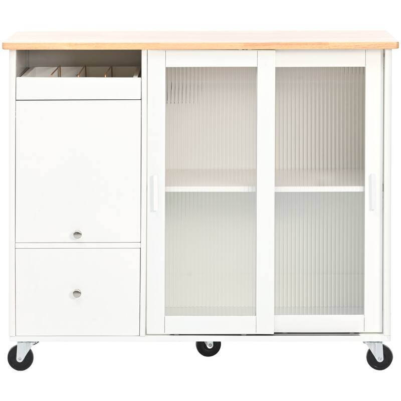 LED Kitchen Island Cart with Drop Leaf, Adjustable Shelf & 2 Drawers, Portable Islands on Wheels w/2 Fluted Glass Doors&Cabinet