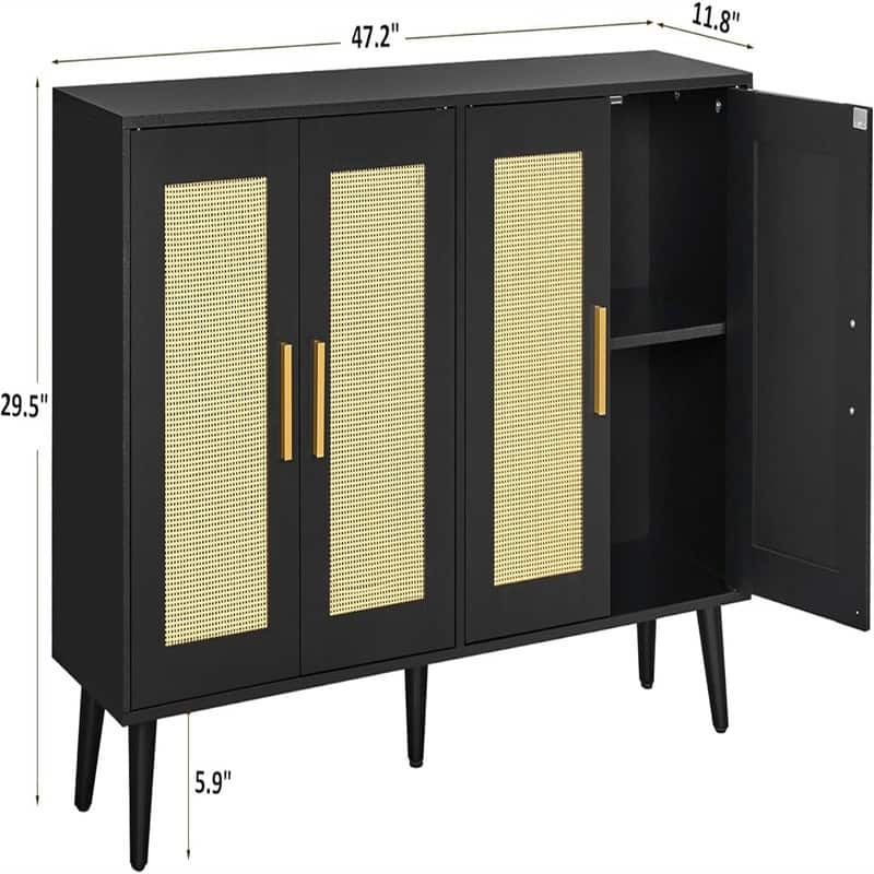 Rattan Sideboard Buffet Cabinet with 4 Doors and Adjustable Shelves - 11.8"D x 47.2"W x 29.5"H
