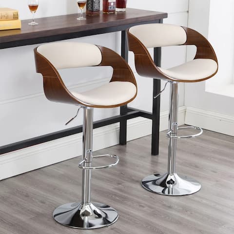 Modern Adjustable Swivel Bar Stool PU Leather with Walnut Wood Accents - 24-31.9" Seat Height