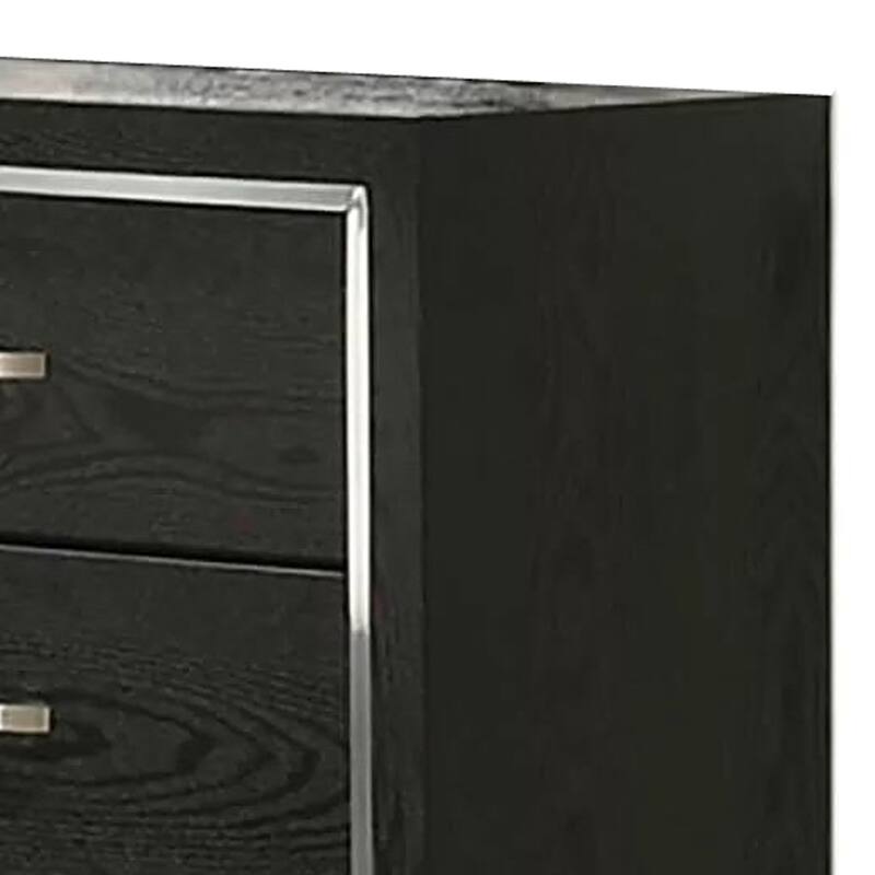 Lyla Wide Dresser, Silver Trim, 6 Drawer, Tapered Legs, Black Wood