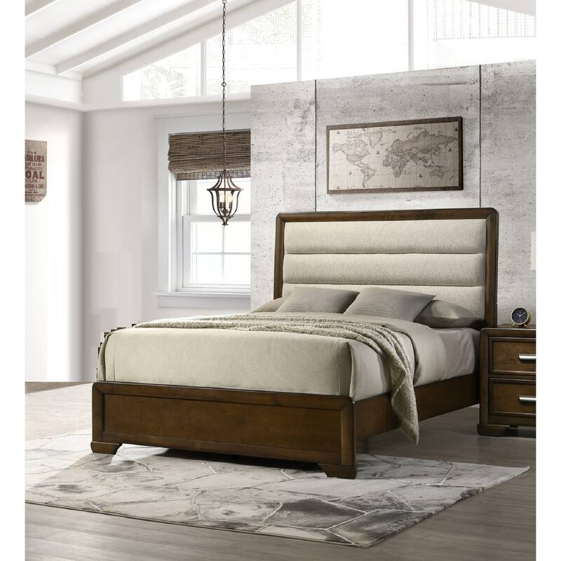 Queen Size Wood Panel Bed with Upholstered Headboard and Channel Tufting - Brown