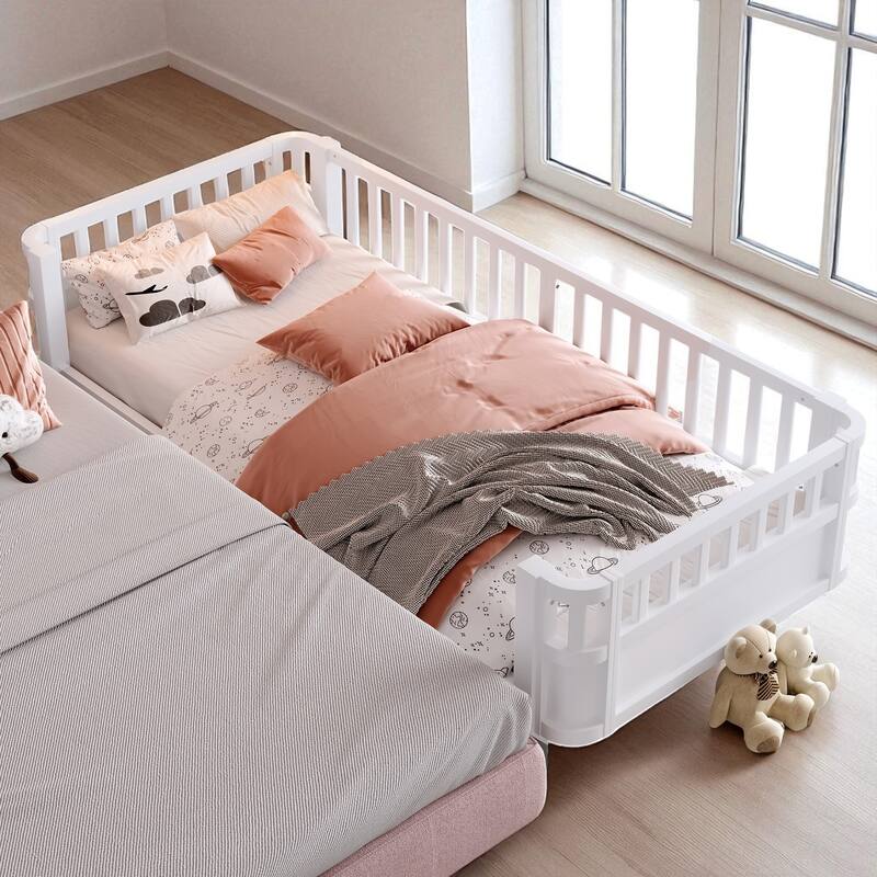 Wood Platform Bed with Guardrails & Detachable Fence, Twin/Full/Twin XL/Queen Size Kids Bed, Safety Design, No Box Spring
