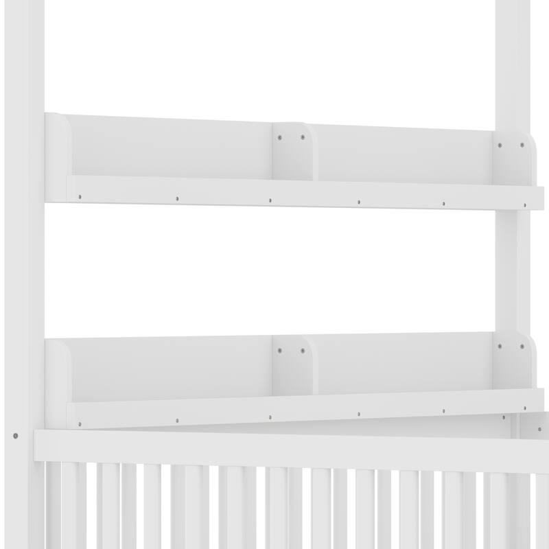 Roomfitters Canopy Floor Bed with Guardrails and Shelves, Solid Wood Montessori Frame