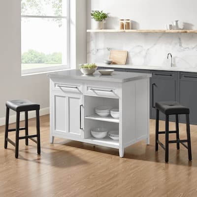 Kitchen Island with Stools - Stainless Steel Top, Storage, Dining Cart - White/Black