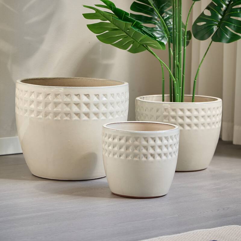 Set of 3 Ceramic Planters Diamond Pattern Plants for Succulents Herbs - Ancient White