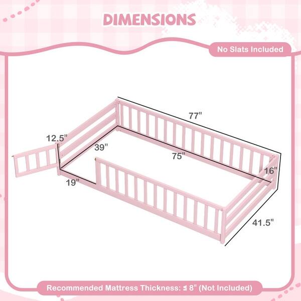 dimension image slide 0 of 4, Twin Size Kids Wood Montessori Floor Bed with Door and Fence