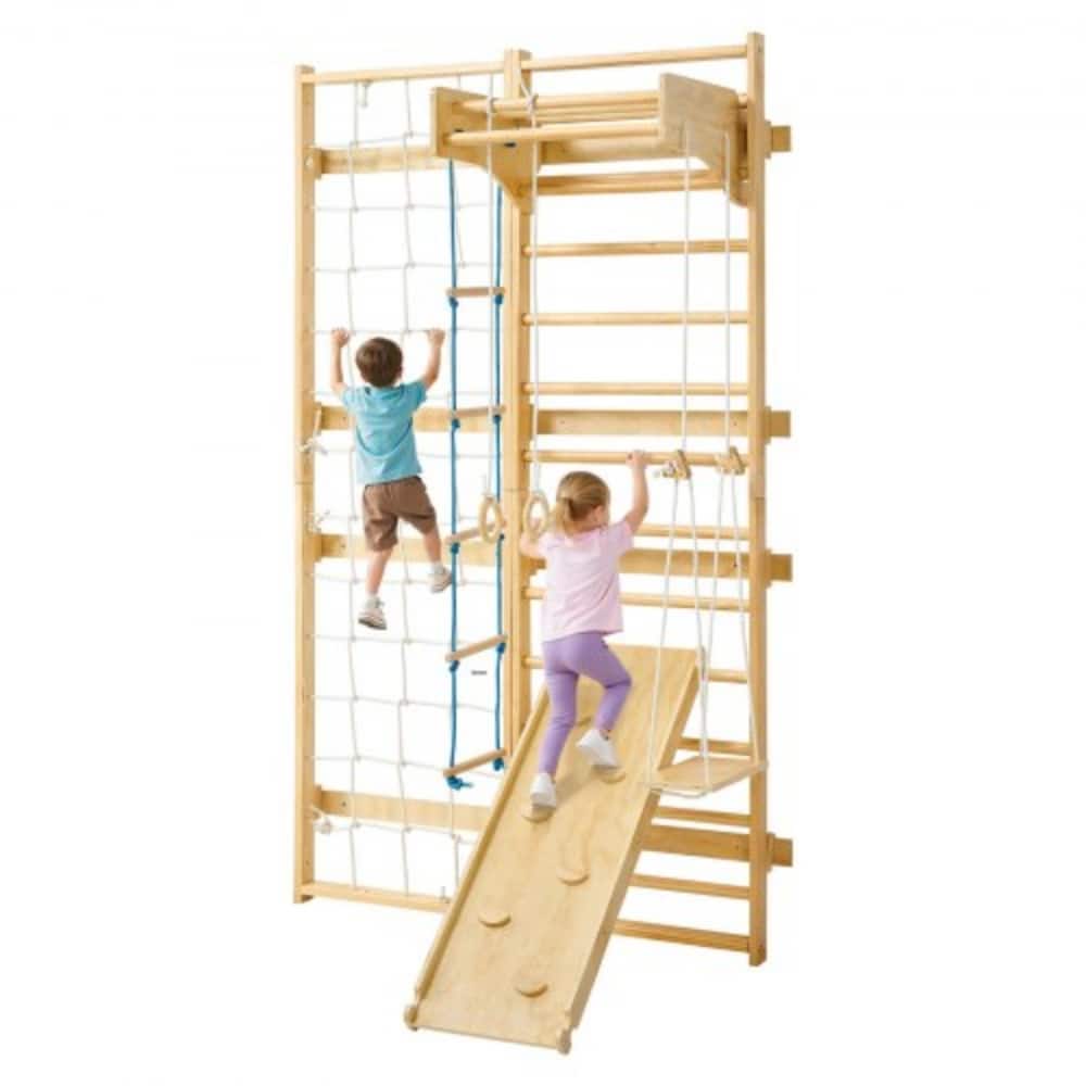 8 in 1 Wooden Wall Gym Climbing Playset with Swedish Ladder Rings Slide Rope Ladder and Pull Up Bar for Kids Indoor Playground