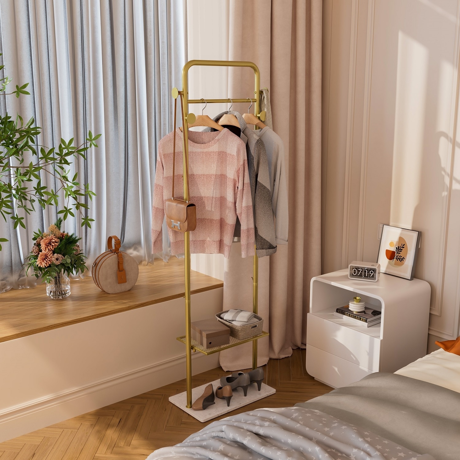 Freestanding Metal Corner Clothes Stand Coat Rack with 4 Hooks