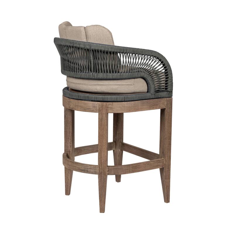 Orbit Boho Gray Rope and Solid Eucalyptus Wood Outdoor Bar Stool with Taupe Olefin Cushions