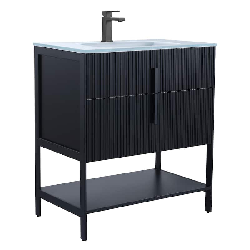 Fine Fixtures Serenity Modern Bathroom Vanity with White Glass Top - Black Matte - Black Hardware - 30 inch
