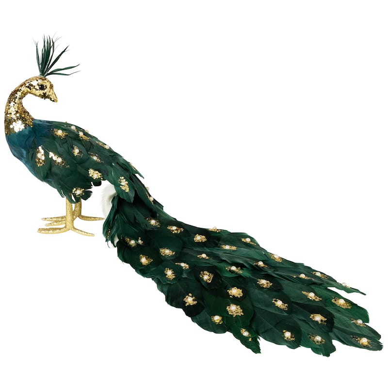 Glittered Peacock with Faux Pearls Christmas Decoration - 22" - Green