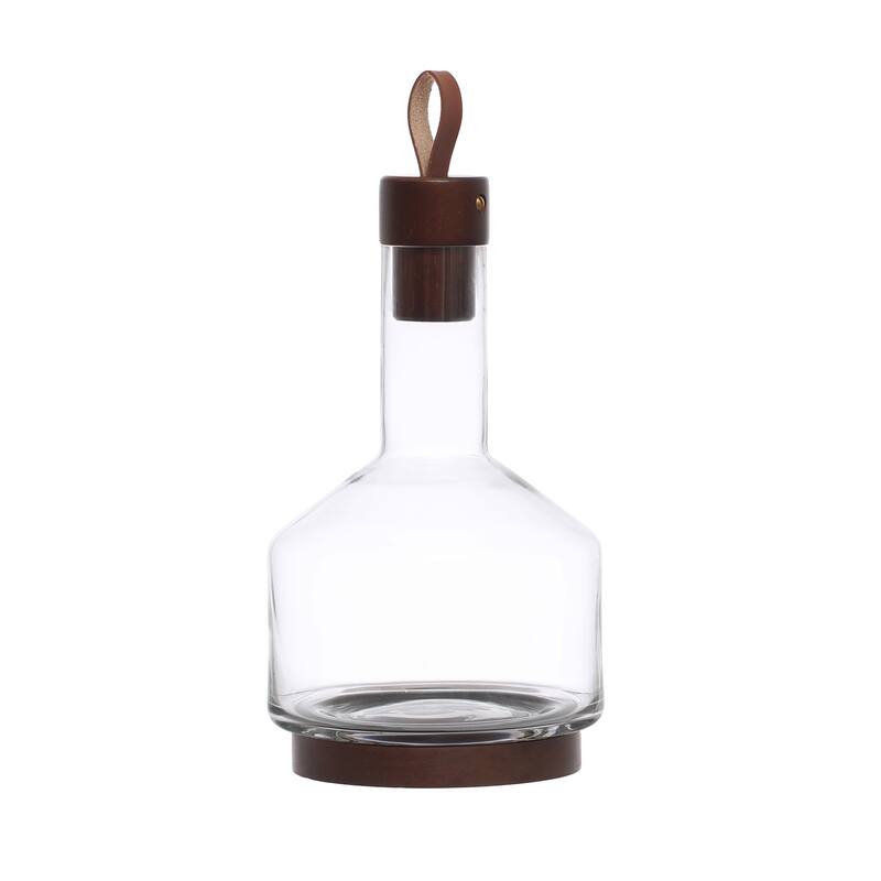 Glass Carafe with Acacia Wood Base, Stopper, and Leather Pull - 5.9"L x 5.9"W x 10.5"H - 5.9"L x 5.9"W x 10.5"H - Clear