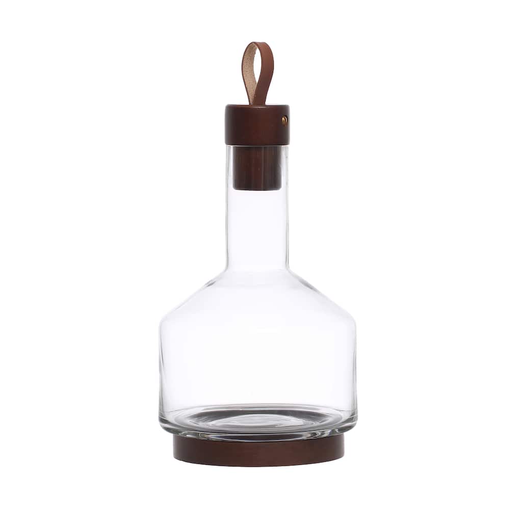 Glass Carafe with Acacia Wood Base, Stopper, and Leather Pull - 5.9"L x 5.9"W x 10.5"H - 5.9"L x 5.9"W x 10.5"H