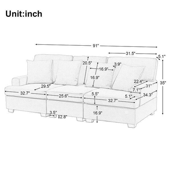 Modern Tufted Sofa 3 Seat Futon Fabric Sofa Removable Back Couch with Removable Seat Cushions