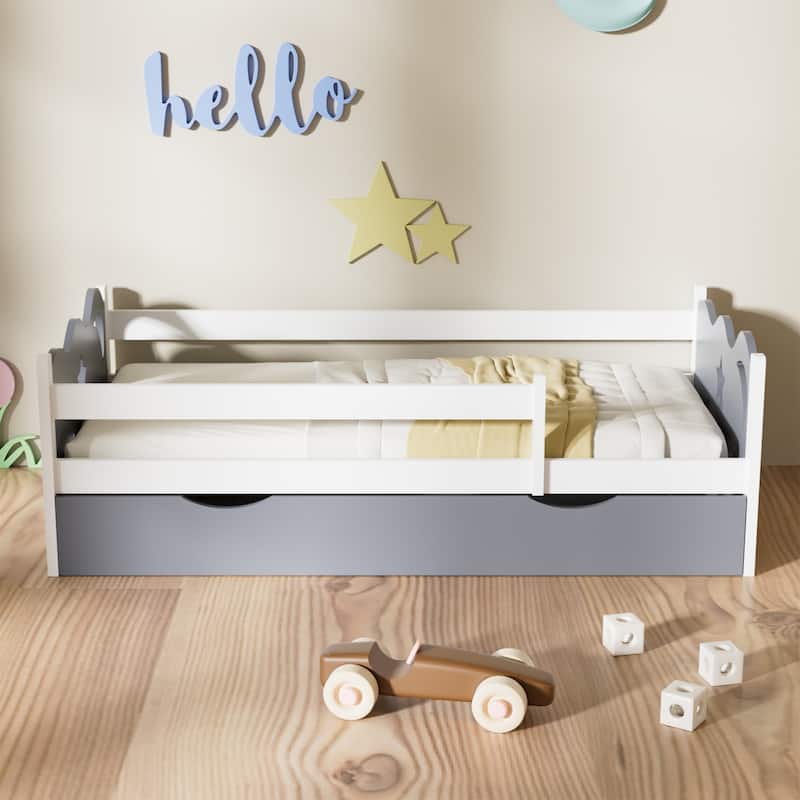 Kid's Bed Frame with star and moon decoration, Wood and bamboo Frames for Toddler Girls Boys, 8 Slats Support - Cream White