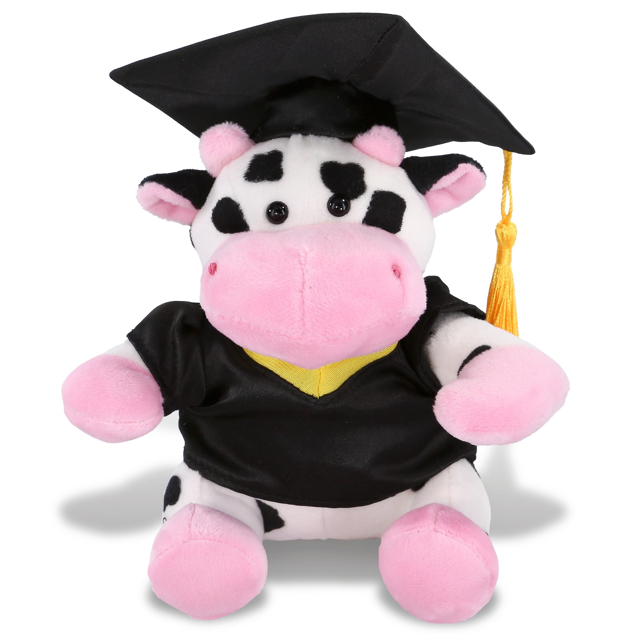 DolliBu Cow Graduation Plush Toy with Gown and Cap with Tassel 6 inches Black White Pink Polyester