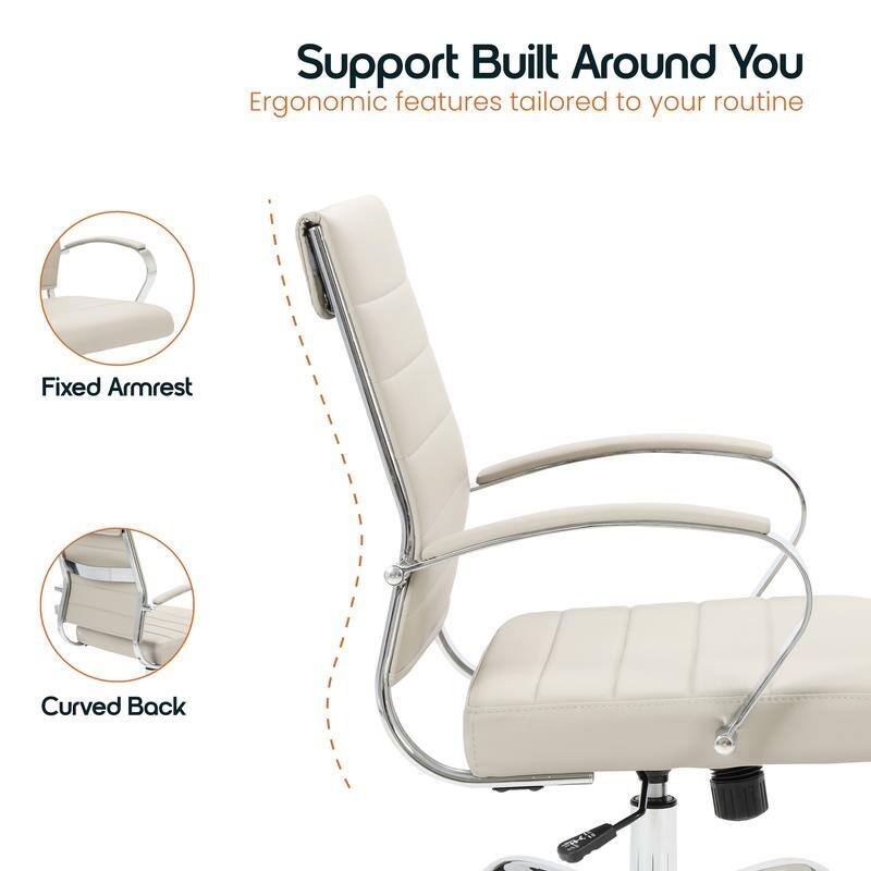 Benmar Modern Leather Ribbed Executive Office Chair with Chrome Frame, Adjustable Height, 360° Swivel, and Rolling Casters