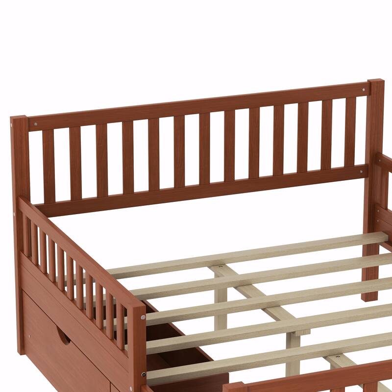 Wood Platform Bed with Guardrails on Both Sides and Two Storage Drawers