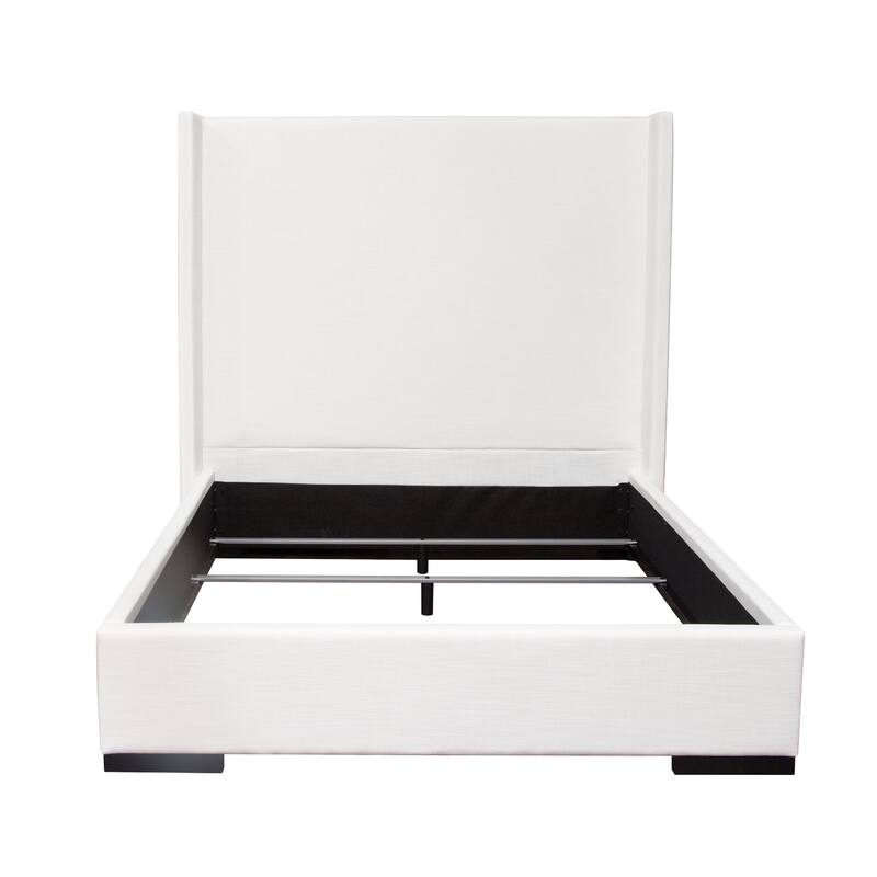 Boa Queen Size Bed w Vintage Wing Headboard, White Linen Upholstery