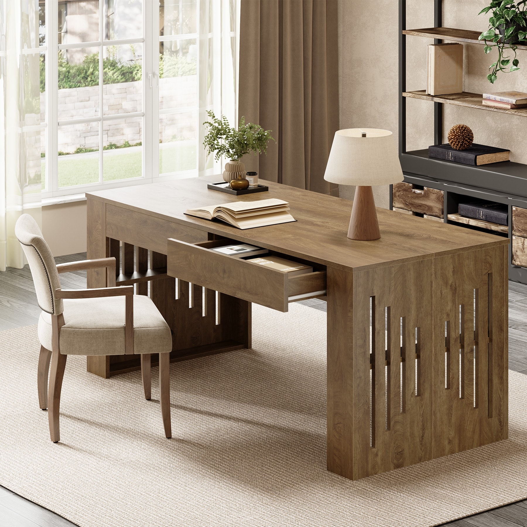 63" Farmhouse Executive Computer Desk with 2 Drawers & Open Side Storage Shelves