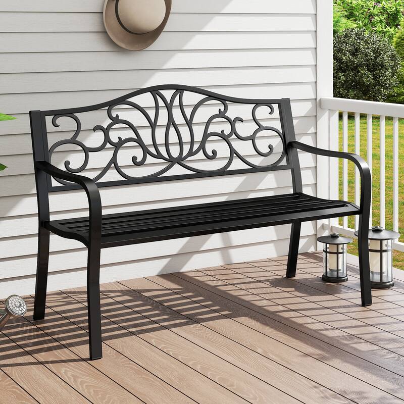Gymax 2-person Metal Bench w/ Floral Pattern Slanted Backrest Slatted - Black