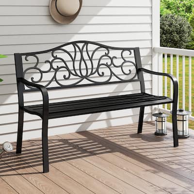 Gymax 2-person Metal Bench w/ Floral Pattern Slanted Backrest Slatted