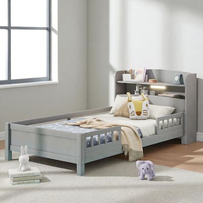 Twin/Full Size Wood Platform Bed with LED Light, Storage Headboard and Guardrail, No Box Spring Needed